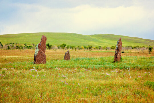 Tombstones in Siberia Khakassia, Russia. Burials, ancient mounds.