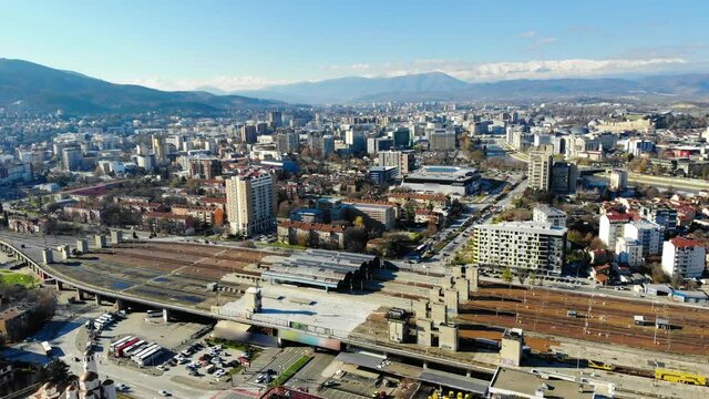 Skopje bus and train station, drone scenery, panorama