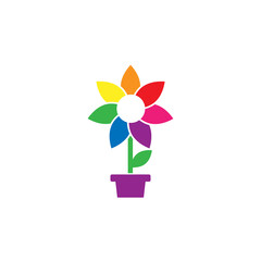 Bright multicolored sunflower with rod, leaf and violet pot. flat icon. Bloom with big sharp petals.