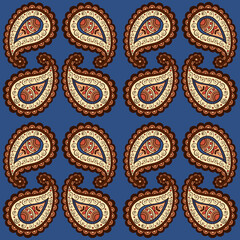 Illustration raster seamless paisley pattern with patterns on a blue background. High quality illustration