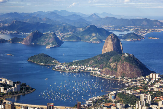 Rio de Janeiro, Brazil. Suggar Loaf and Botafogo beach viewed from Corcovado mountain