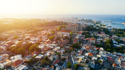 Rhodes old town aerial panoramic view in sunset Rhodes island in Greece.