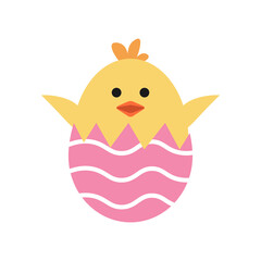 Vector cute chick in egg. Cracked egg with ornament. Colorful.