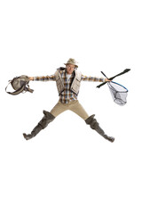 Portrait of young man, professional fisherman with fishing rod, spinning and equipment going to river isolated over white studio background