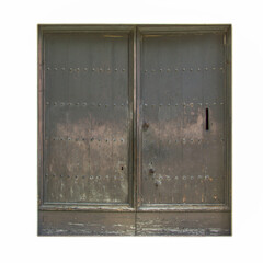 Medieval style, entrance front door isolated on white. Brown ancient wooden streetdoor with ornament and decoration.