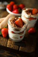 Homemade strawberry tiramisu served in glasses