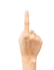 Closeup of hand pointing or touching at something on isolated background with clipping path.