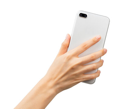 Close-up of hand holding the white smartphone on the back, mock-up for application with clipping path.