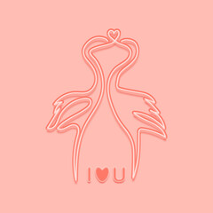 Pink flamingo for Valentine`s day (February 14) in one line neon style with text I love U