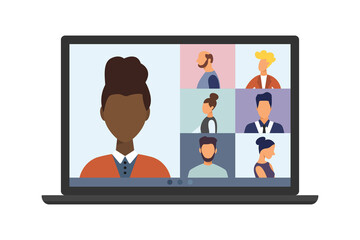 Video conference call, remote project management, quarantine, chat with friends. Vector illustration in a modern style.