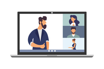 Video conference call, remote project management, quarantine, chat with friends. Vector illustration in a modern style.