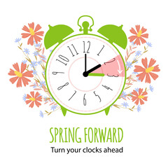 Daylight saving time begins. Spring forward time concept with graphic alarm clock and schedule to set your clocks forward one hour in the spring. Vector illustration isolated on white