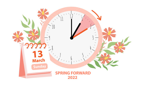 Daylight Saving Time Begins concept. Vector illustration of clock and calendar date of changing time in march 13, 2022 with spring flowers decoration. Spring Forward Time illustration banner