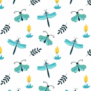 Seamless pattern with butterflies, moths, dragonflies and botanical elements. Vector pattern in cartoon style. For clothing, fabric, wallpaper and all prints on a white background