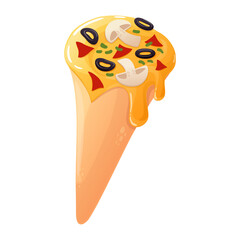 Fast food novelty. Pizza cone with cheese, mushrooms and meat filling. Vector illustration isolated on white background.