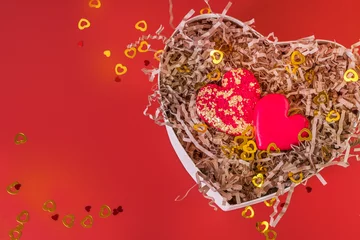 Foto op Plexiglas Glazed heart shaped cookies for Valentine's day - delicious homemade natural organic pastry, baking with love for Valentine's day, love concept © Yuliya