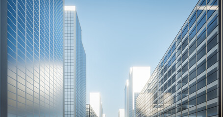 Fototapeta na wymiar 3d rendering of modern building or skyscraper and blue sky in city or downtown. That is real estate, property, house or residential. Concept for corporate, business center, finance and background.