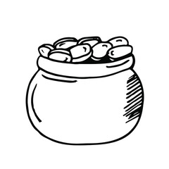 Cartoon Cauldron with money. Pot with gold coin for Patricks day. Print for cards, banners, posters, decor, design. Vector illustration in doodle style isolated on background.