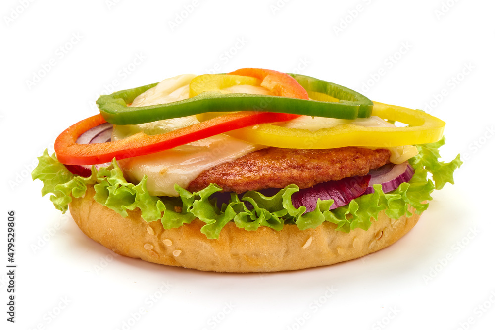 Wall mural Fresh tasty burger, american hamburger, fastfood, isolated on white background.