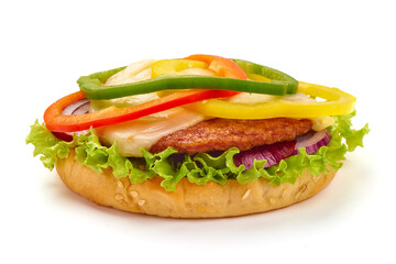 Fresh tasty burger, american hamburger, fastfood, isolated on white background.