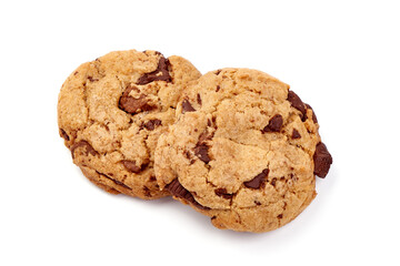 Chocolate chip cookies, isolated on white background.