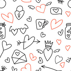 Seamless pattern about love. Doodle style on a white background with black and red elements. Pattern includes heart, arrow, glasses, cup, key, speech bubble, ring, wings, jar of hearts, crown. Vector.