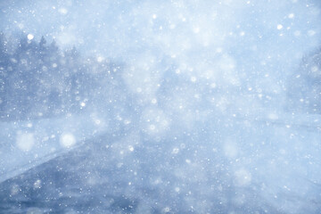 winter highway snowfall background fog poor visibility