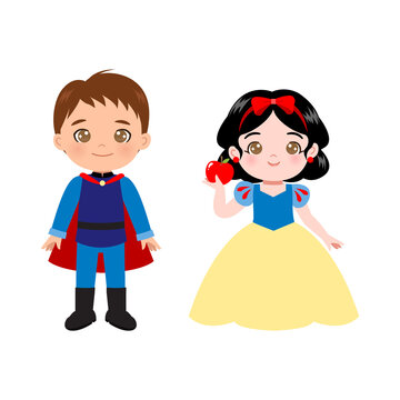 Cute prince and princess couple fairy tale clipart. Flat vector cartoon design