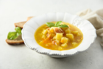 Traditional homemade pea soup with bacon