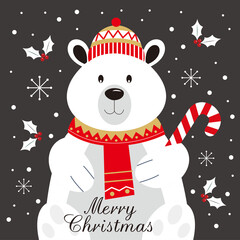 christmas card with teddy bear and christmas decorations