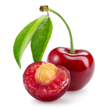 Cherry isolated. One cherry and a half with leaf on white background. Sour cherri with slice on white. Full depth of field.