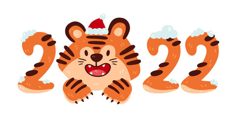 Obraz premium Christmas smiling cartoon tiger 2022 with santa hat. Chinese new year zodiac animal. Nursery print design. Vector illustration isolated on white background. Greeting card template design element.