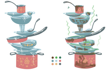 Vector illustration. A set with a mountain of clean washed dishes and dirty dishes with flies. Cleanliness, dirt.