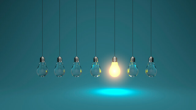 Light bulb idea. 3d render light bulb shines next to the extinguished ones. Leadership, inspiration, right decision and energy saving concept