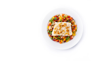 Grilled cod with vegetables in plate isolated on white background. Top view. Copy space