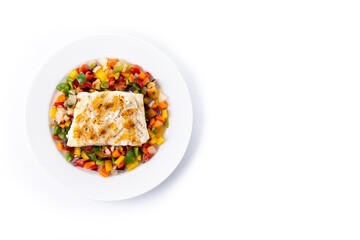 Grilled cod with vegetables in plate isolated on white background. Top view. Copy space