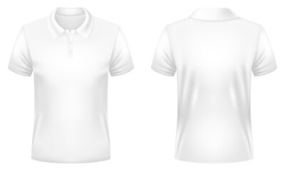 Blank white polo shirt template. Front and back views. Vector illustration.