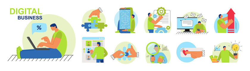 Set of illustrations of business concept. A collection of scenes with the participation of a man in business events. Vector flat illustration