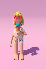 Girl on her summer vacation chilling and enjoying her ice creme,  3d illustration  