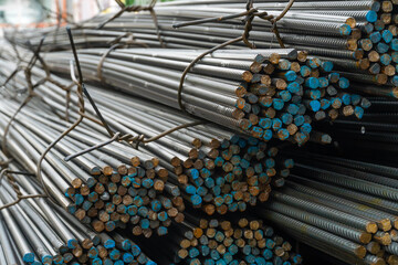 Fittings for construction. Close-up of steel rods or rods used to reinforce concrete in...