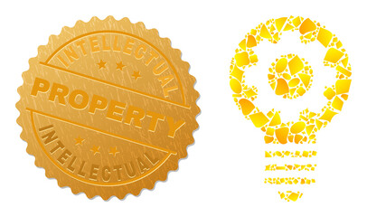 Golden mosaic of yellow elements for gear bulb icon, and golden metallic Intellectual Property seal imitation. Gear bulb icon mosaic is organized of randomized golden parts.