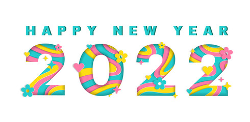 Fototapeta na wymiar Happy New Year Word Abstract White Paper Blissful Joyful Flower Heart Festival Sparkle Shine Pink Yellow Green Mint Mountain Geography Contour Map 3D Layer Line Cutout Card Web Banner