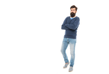 full length of brutal hipster with beard isolated on white background with copy space, beard