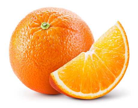 Orang isolate. Orange fruit with slice on white background. Whole orange fruit with slice. Full depth of field.