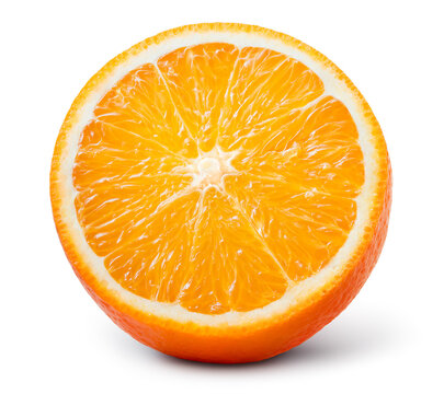 Orange half isolated. Cut orange slice isolate. Orange fruit half on white. With clipping path. Full depth of field.
