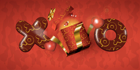 Open gift box with winged hearts, along with the letters "X" and "O" in the shape of a balloon. Red background with abstract motifs