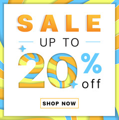 Sale up to 20% off Promotion Discount Online Shopping Abstract Blue Yellow Orange Mountain Geography Contour Map 3D Layer Cutout Paper Card Advertising Web Banner Marketing