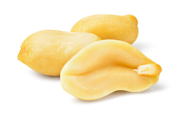 Peanut isolated. Peanuts on white background. Three nuts - whole and cut half. Clipping path. Full depth of field.