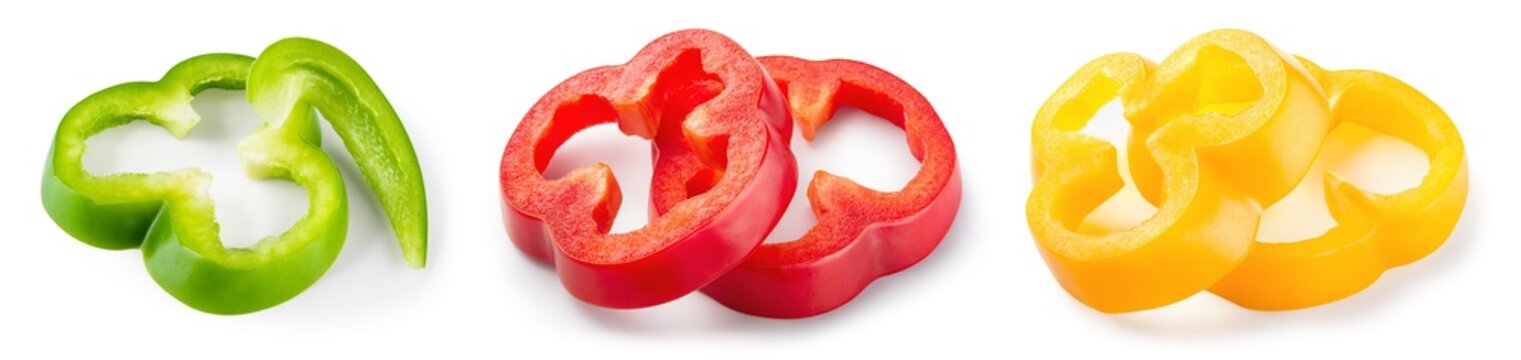 Pepper slice isolated. Paprika on white background. Cut red, green, yellow bell pepper. With clipping path.