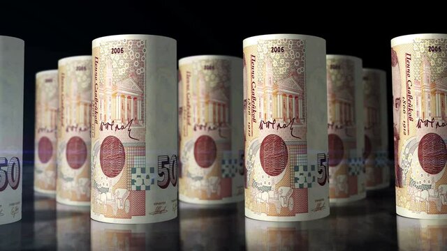 Bulgaria leva money rolls loop 3d animation. Camera moving in front of the BGN rolling banknotes. Seamless loopable concept of economy, finance, business and debt.